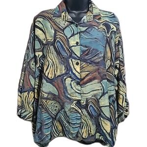 3 potato Art to Wear Blouse Oversize XS/S Muted Green Abstract Lightweight